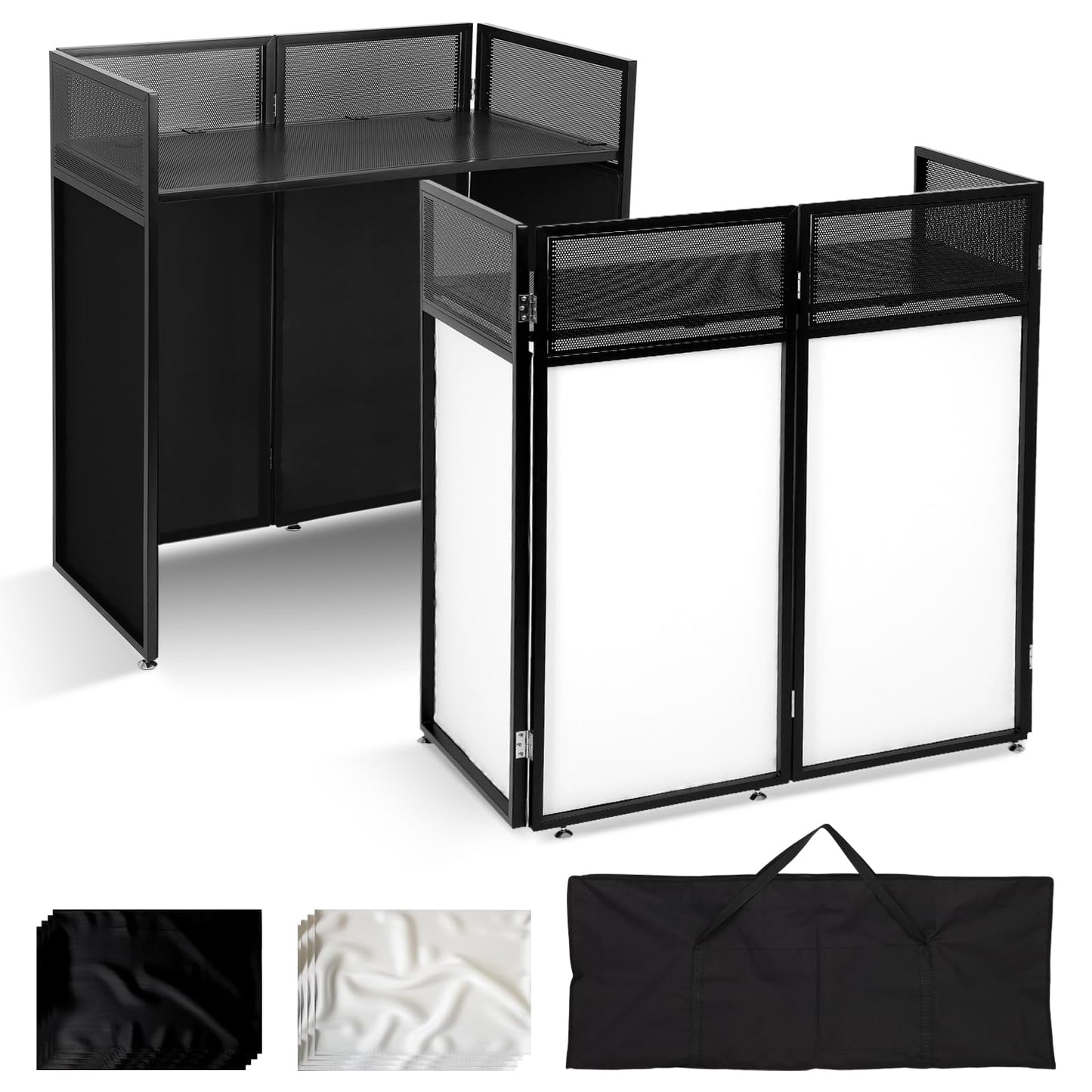 Portable DJ Booth Table Station 44"x42.2"x20.6", Foldable Metal Frame DJ Facade with Black & White Scrims, Detachable 40"x20" DJ Table, Adjustable Height, Carry Bag for Show, Party, Wedding, Events