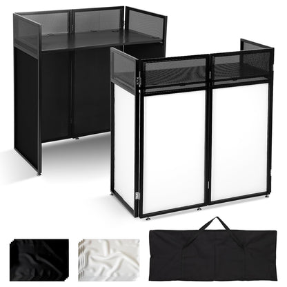 Portable DJ Booth Table Station 44"x42.2"x20.6", Foldable Metal Frame DJ Facade with Black & White Scrims, Detachable 40"x20" DJ Table, Adjustable Height, Carry Bag for Show, Party, Wedding, Events