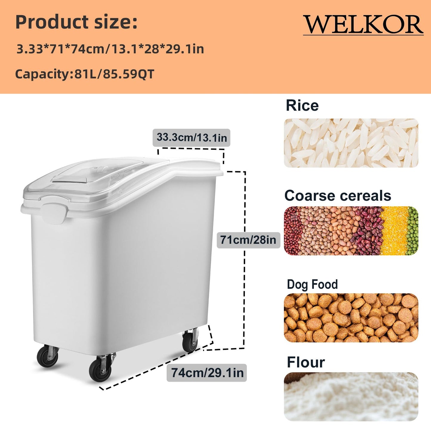 WELKOR Ingredient Storage Bin,21 Gallon Dispenser Bin with Scoop for Dry Food, Sugar, Baking Supplies,Kitchen Rice Cereal Flour Bin,BPA Free,Pet Food Storage Container,Dog Cat Birds Food (21 Gallon)