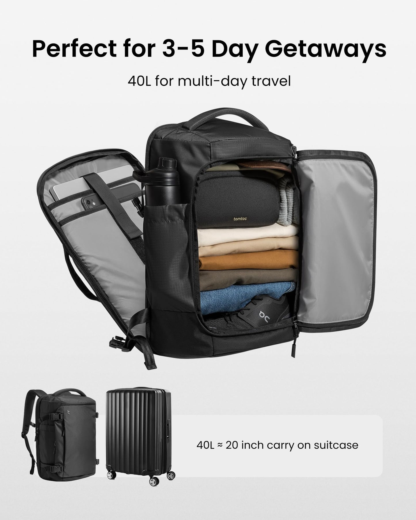 tomtoc Travel Backpack 40L and 3 Set Packing Cubes for Travel Essentials