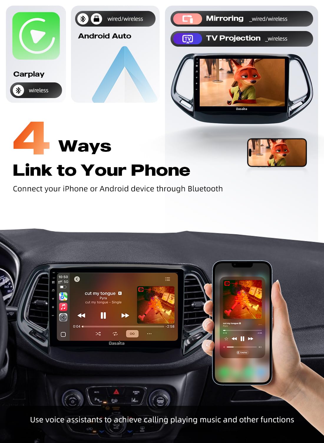 Dasaita 10.2" Car Stereo for Jeep Compass 2017-2020, Android 13, Wireless CarPlay, Android Auto, GPS Navigation, 6GB+64GB, Bluetooth, WiFi, 4G LTE