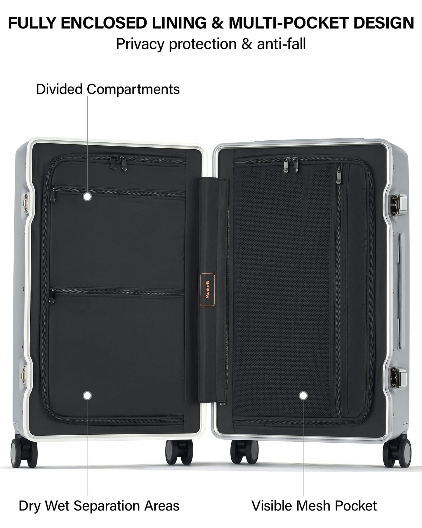 Hanke Premium 20 Inch Zipperless Carry-On Luggage, Aluminum Frame Hard Shell PC Suitcase with TSA Lock, Water-Resistant, 8 Quiet Spinner Wheels for Short Business Trips & Weekend Getaways（Grey）