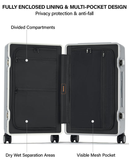 Hanke Premium 20 Inch Zipperless Carry-On Luggage, Aluminum Frame Hard Shell PC Suitcase with TSA Lock, Water-Resistant, 8 Quiet Spinner Wheels for Short Business Trips & Weekend Getaways（Grey）