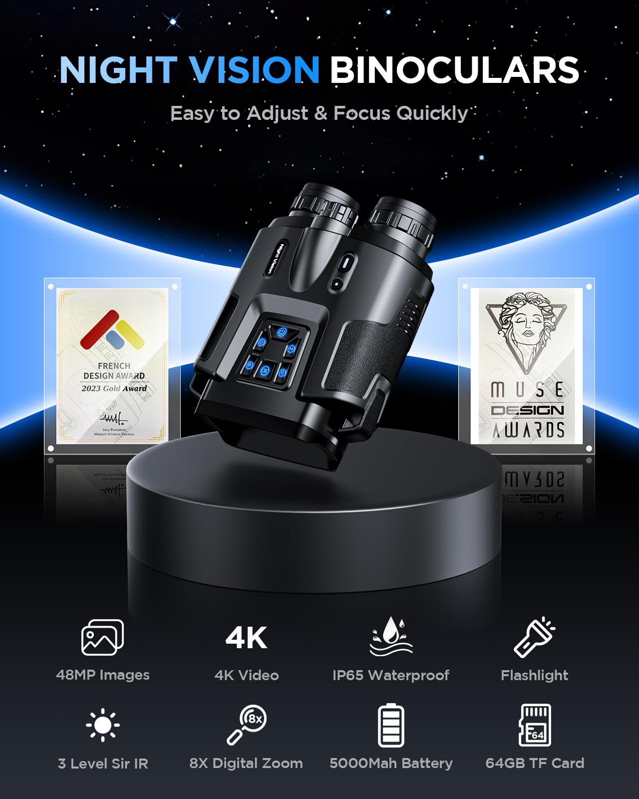 Diyimin 4K Night Vision Binoculars–8X Zoom/2000FT IR/5000mAh, 3'' HD Screen Night Vision Goggles for Adults mit 64GB TF Card, IP65 Waterproof & Tactical Light for Hunting,Camping & Security