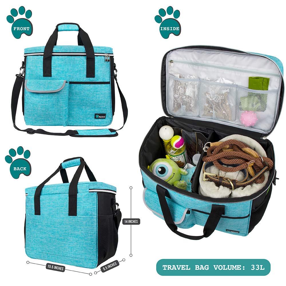 PetAmi Travel Bag Organizer - Dog & Cat Diaper Bag with Food Container and Bowls, Perfect for Weekend Camping (Sea Blue, Large)