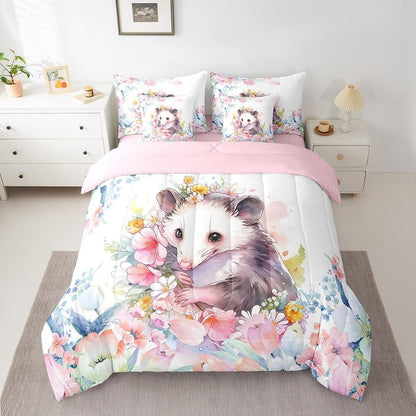 Feelyou Cute Opossum Comforter Set Twin 7 Pcs Cartoon Animal Theme Bedding Set Flower Floral Print Farmhouse Zoo Wildlife Style Decor Bed in a Bag with Comforter, Sheets, Pillowcases & Cushion Cover
