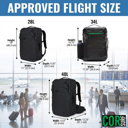 COR Surf Carry On Travel Backpack Bundle | Island Hopper Travel Backpack with Toiletry Bag and Compression Packing Cube Set (34L 2.0, Black with Green Zipper)