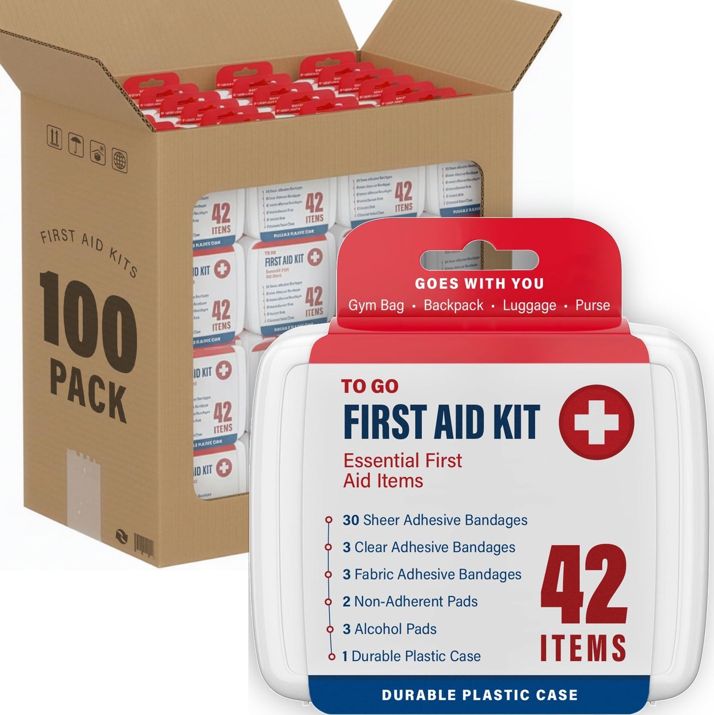 DecorRack 4200 Piece First Aid Kit, 100 Individual Boxes of 42 Items Each, First Aid Kits for Minor Cuts, Scrapes, Travel, Car, Home, Work, Field Trips or Camping (4200pcs, 100 Pack)
