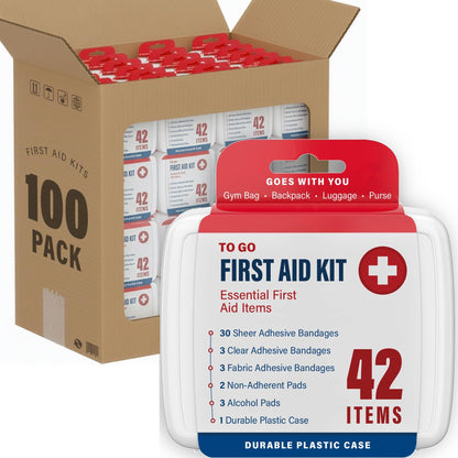 DecorRack 4200 Piece First Aid Kit, 100 Individual Boxes of 42 Items Each, First Aid Kits for Minor Cuts, Scrapes, Travel, Car, Home, Work, Field Trips or Camping (4200pcs, 100 Pack)