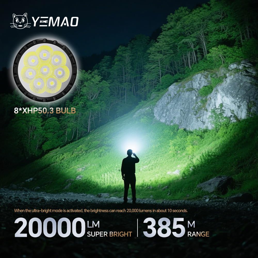 Yemao Rechargeable Flashlights 20000 High Lumens, Brightest Flashlight, Super Bright LED Flashlight Type C Charged, 5 Modes Long Lasting 60 Hours, for Emergencies, Camping, Outdoor, Caving