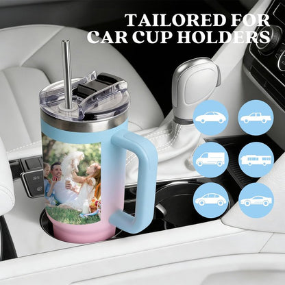Personalized 40oz Tumbler with Pictures Text, Custom Tumbler with Handle and Straw, Stainless Steel Travel Coffee Cup Mug, Personalized Gifts for Women Men kids Birthday Christmas Anniversary
