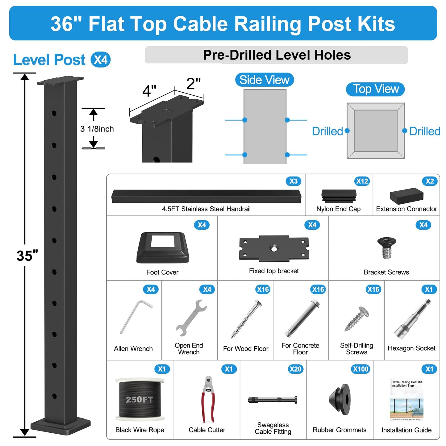 RailinGo 36" Complete Set Cable Railing Post Kits, Swageless Cable Rail System Includes 4Pack 35" Level Drilled Posts, 3Pack 4.5FT Cable Handrail w/Connectors, 1/8" 250FT Wire Rope, Black Wire Railing