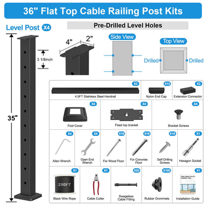 RailinGo 36" Complete Set Cable Railing Post Kits, Swageless Cable Rail System Includes 4Pack 35" Level Drilled Posts, 3Pack 4.5FT Cable Handrail w/Connectors, 1/8" 250FT Wire Rope, Black Wire Railing