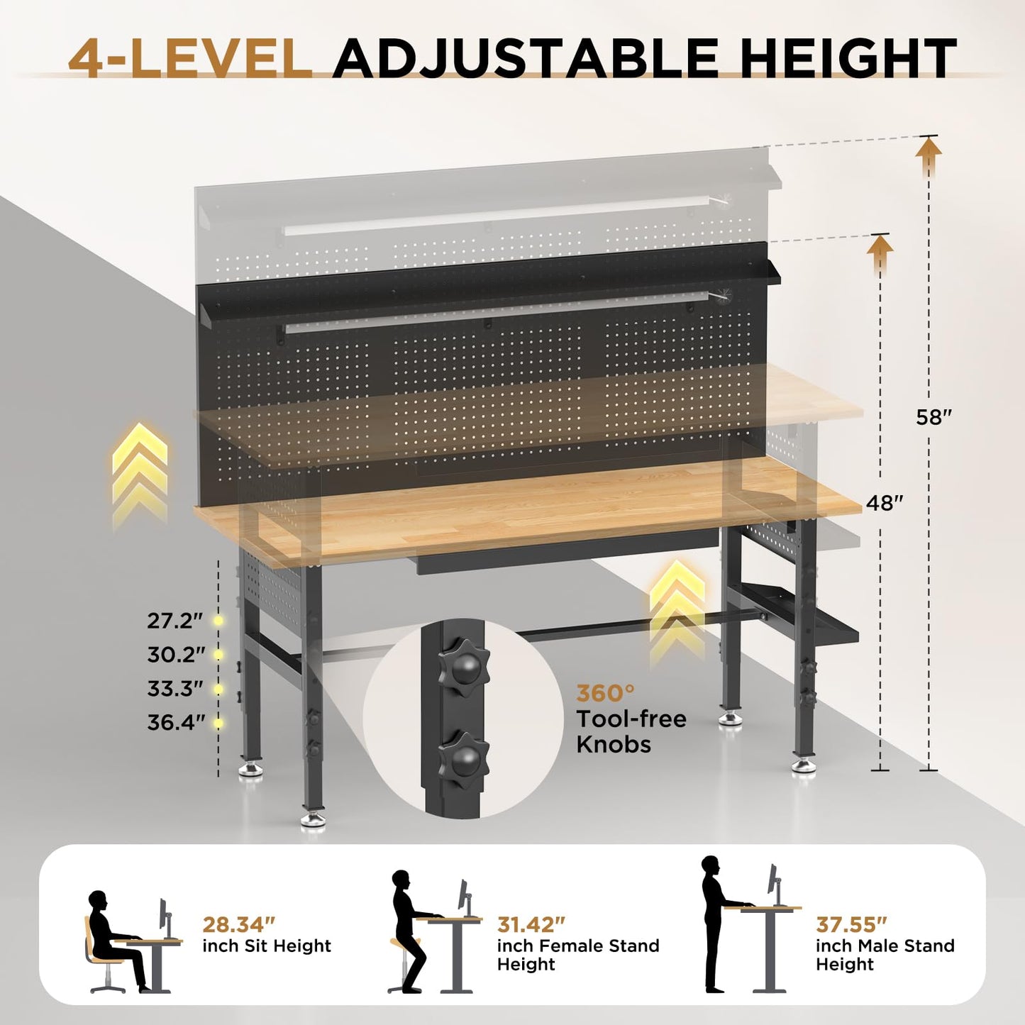KEIKI 60 Inch Rolling Workbench with Wheels and Pegboard, Solid Wood Top Heavy Duty Steel Frame Garage Work Table with Drawers and LED Light, 2000 lbs Capacity, Adjustable Height, Black