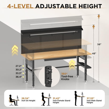 KEIKI 60 Inch Rolling Workbench with Wheels and Pegboard, Solid Wood Top Heavy Duty Steel Frame Garage Work Table with Drawers and LED Light, 2000 lbs Capacity, Adjustable Height, Black
