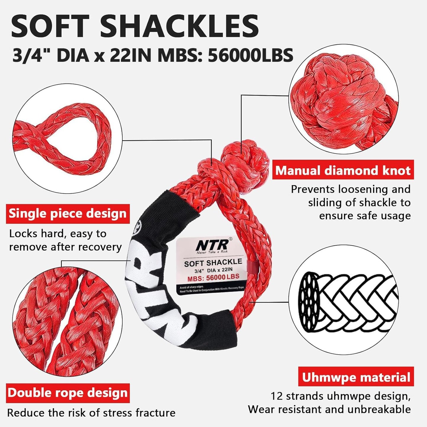 NTR 1-1/4" x 30' Kinetic Recovery Tow Rope (54,000lbs), with 2 UHMWPE Soft Shackles (56,000lbs), Heavy-Duty Offroad Snatch Strap, Vehicle Recovery kit for Jeep car Truck ATV UTV SUV, Grey