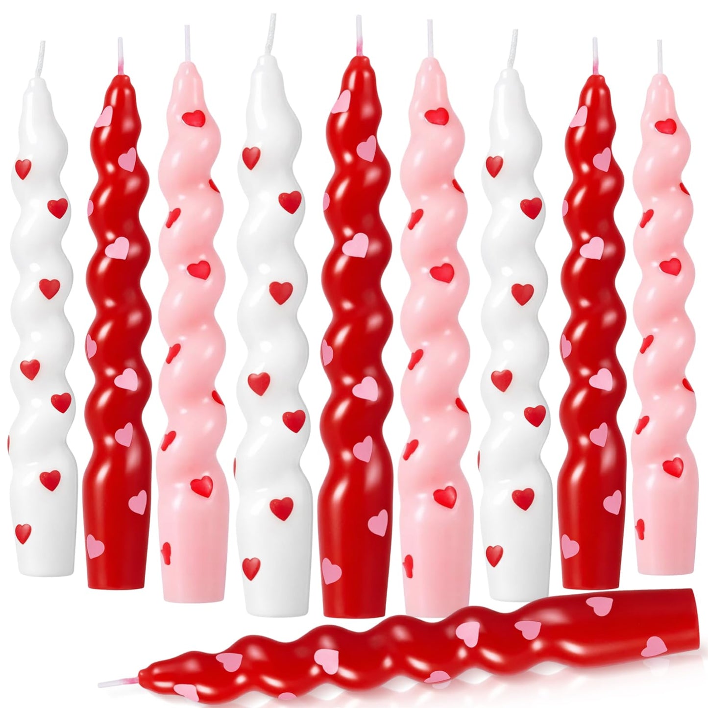 Threlaco 12 Pcs Valentine Spiral Twisted Candles 10 Inch Heart Twisted Taper Candle Red Pink White Unscented Swirl Candlesticks for Wedding Anniversary Holiday Dinner Table Home Kitchen Party Decor