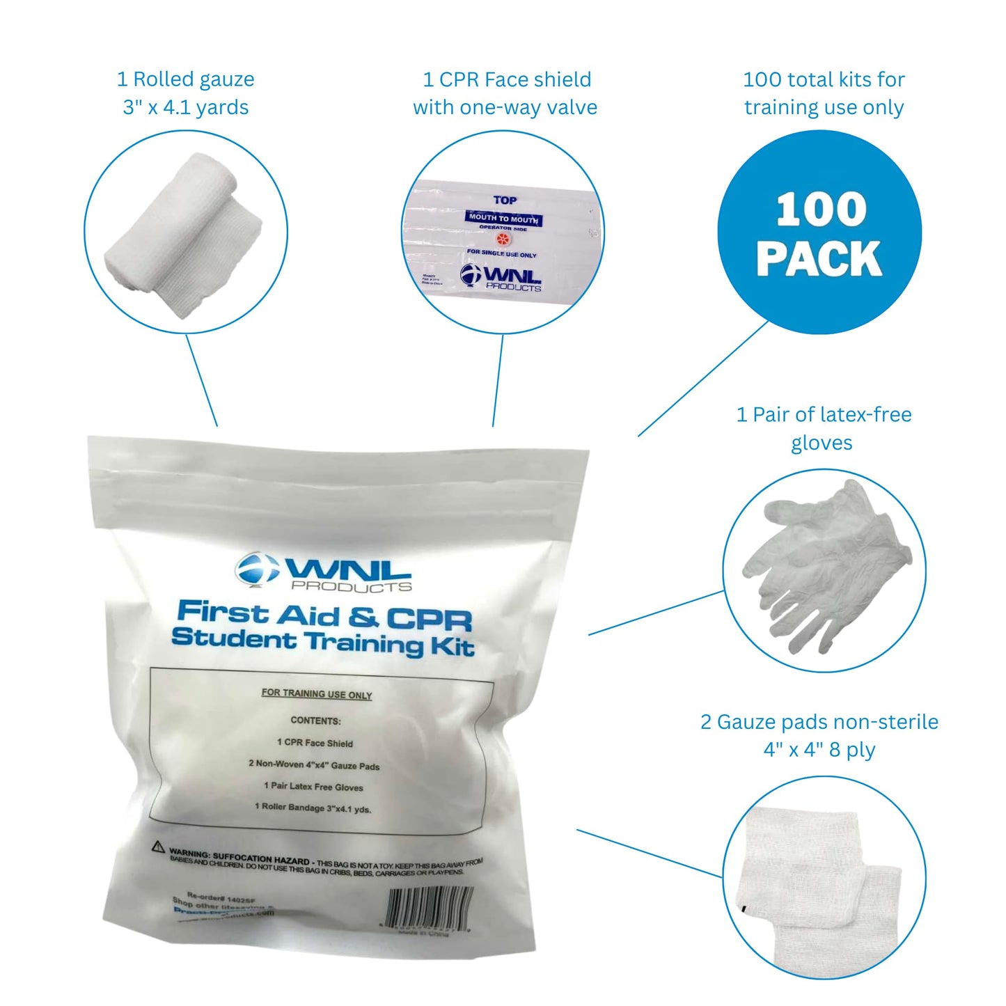 WNL Products 1402SF 100 Pack First Aid & CPR Training Kits for Students, Includes CPR Training Face Shield, Guaze Pads, Latex-Free Gloves & Bandages, 100 Pack
