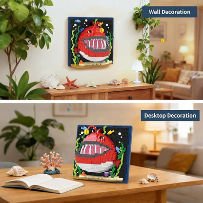 Angler Fish Animal 3D Wall Art Micro Mini Building Blocks Set Unique Home Wall Decor or Table Display No Compatible with Lego Ideal Gift Toy for Adults &amp Boys Girls 14+ (1626 PCS)
