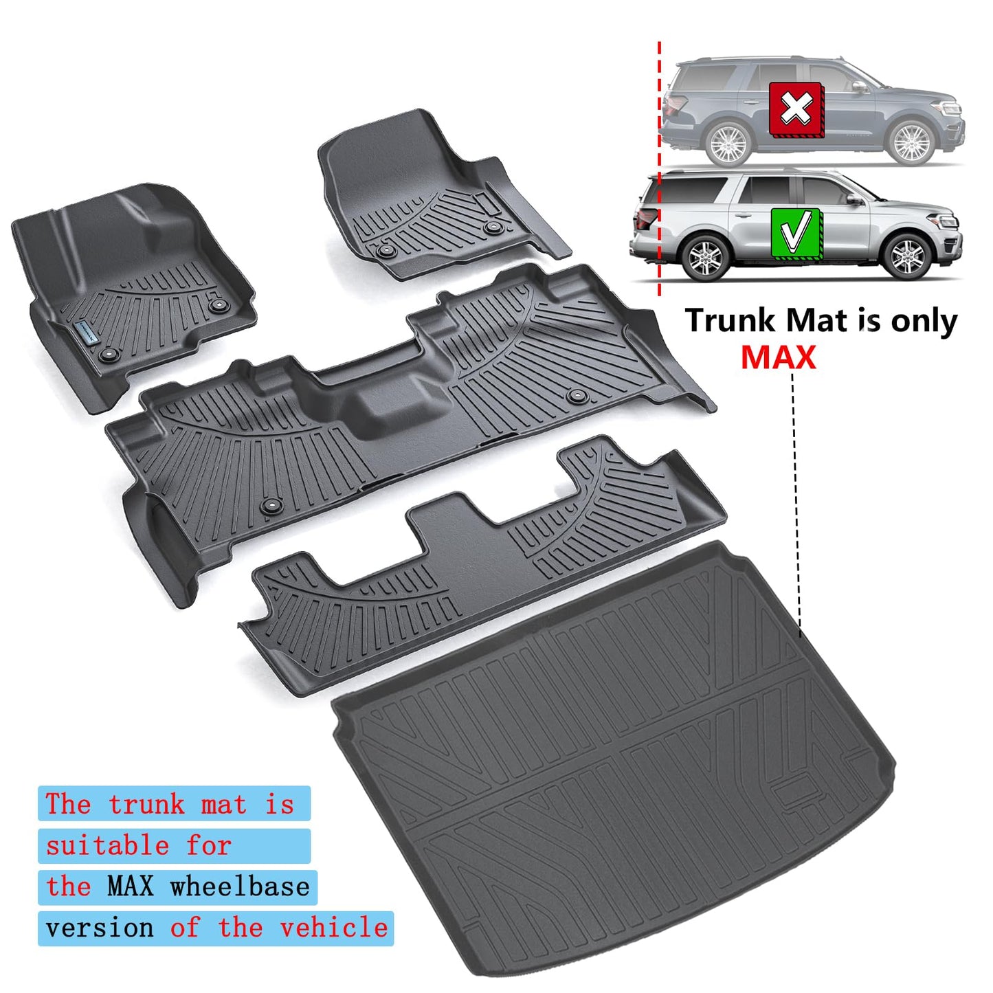 SANBAN-AXE Floor Mats & Trunk mat for 2018-2024 Ford Expedition MAX (Only Fit 8 Seats) (2 Row Bench Seat),TPE All Weather Protection 3 Rows Car Floor Liners with Cargo Liners Accessories
