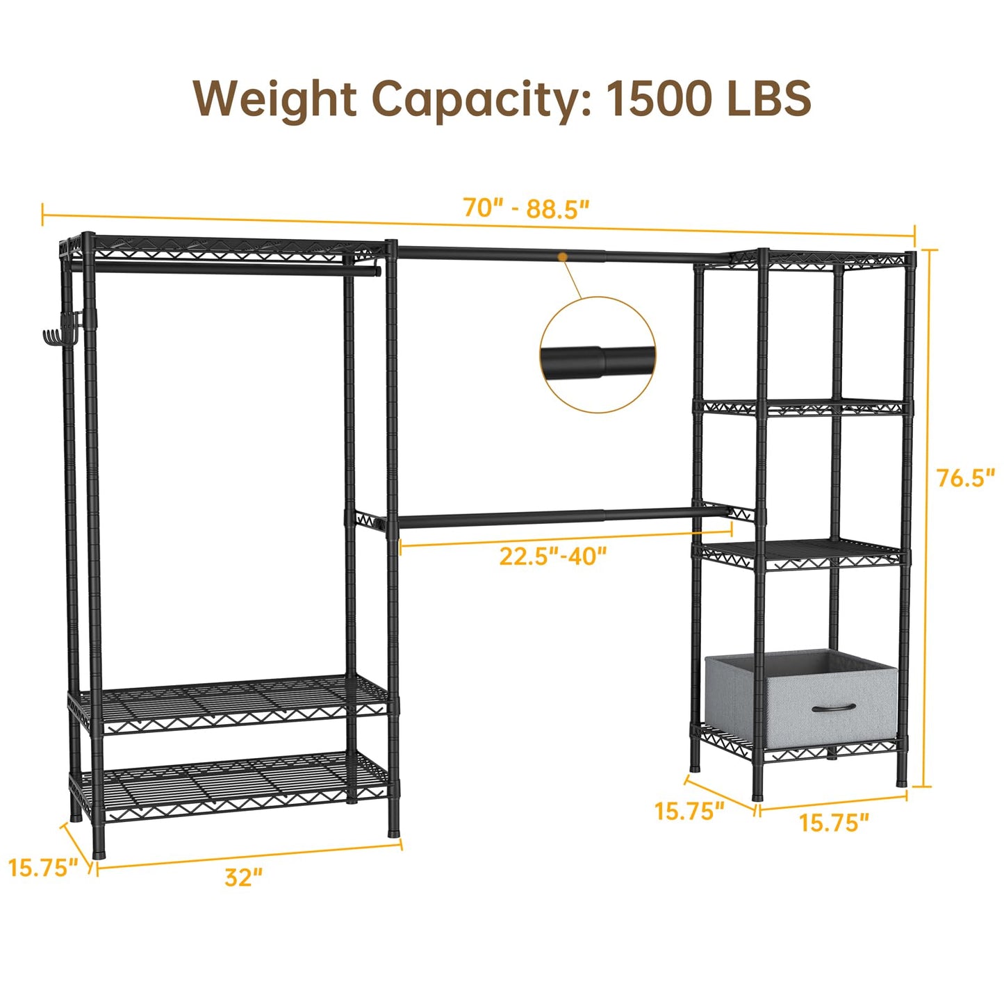 Golpart Coat Rack Clothes Wardrobe：Closet Organizer and Storage Clothing Garment Rack with Shelves Heavy Duty for Hanging Clothes Portable Adjustable Black 15.8" Dx(70-88.5)" Wx76.5 H