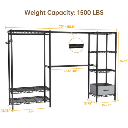 Golpart Coat Rack Clothes Wardrobe：Closet Organizer and Storage Clothing Garment Rack with Shelves Heavy Duty for Hanging Clothes Portable Adjustable Black 15.8" Dx(70-88.5)" Wx76.5 H
