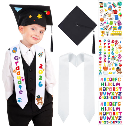 6 Pcs 2026 Preschool Kindergarten Graduation Cap Stole Iron on Letter Set Unisex Cap and Graduation Sash Sublimation Blank Stole Graduation Gifts for Kids Iron on Letters for DIY Craft