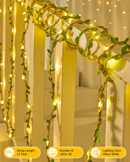 Minetom Fairy Lights - 21ft 60 LED Twinkle String Lights with Remote, Leaf Twine Decor for Bedroom and Dorm Room