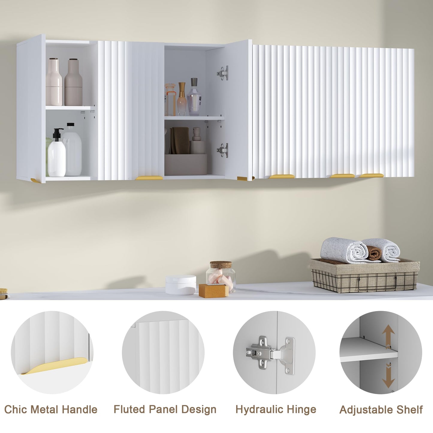 ChooChoo 3-Door Bathroom Wall Cabinet, Fluted Kitchen Wall Cabinet with Adjustable Shelf, Wall Mounted Storage Cupboard for Bathroom, Laundry Room, Entryway, Garage, White
