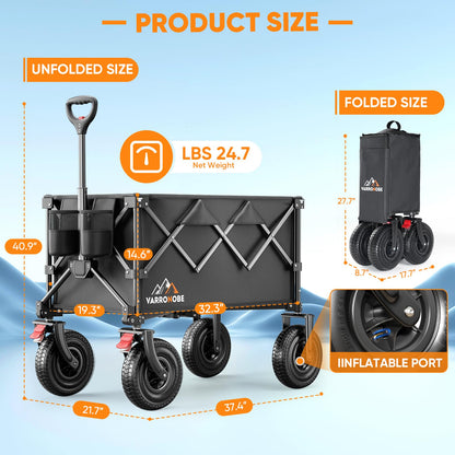 Big Rubber Wheels Beach Wagon Cart Foldable, 9x3 All-Terrain Wheels, Heavy Duty Collapsible Utility Wagon with 330lbs Capacity, 180L Storage, Compact, Easy Transport for Sand Camping Sports, Black