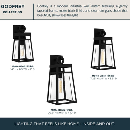 Quoizel Godfrey Outdoor Wall Lantern, Coastal Armour 17 Inch 1-Light Matte Black Transitional Wall Sconce, Clear Rain Glass, 100W, Decorative Outside Lights for Patio, Porch, Garage or Yard