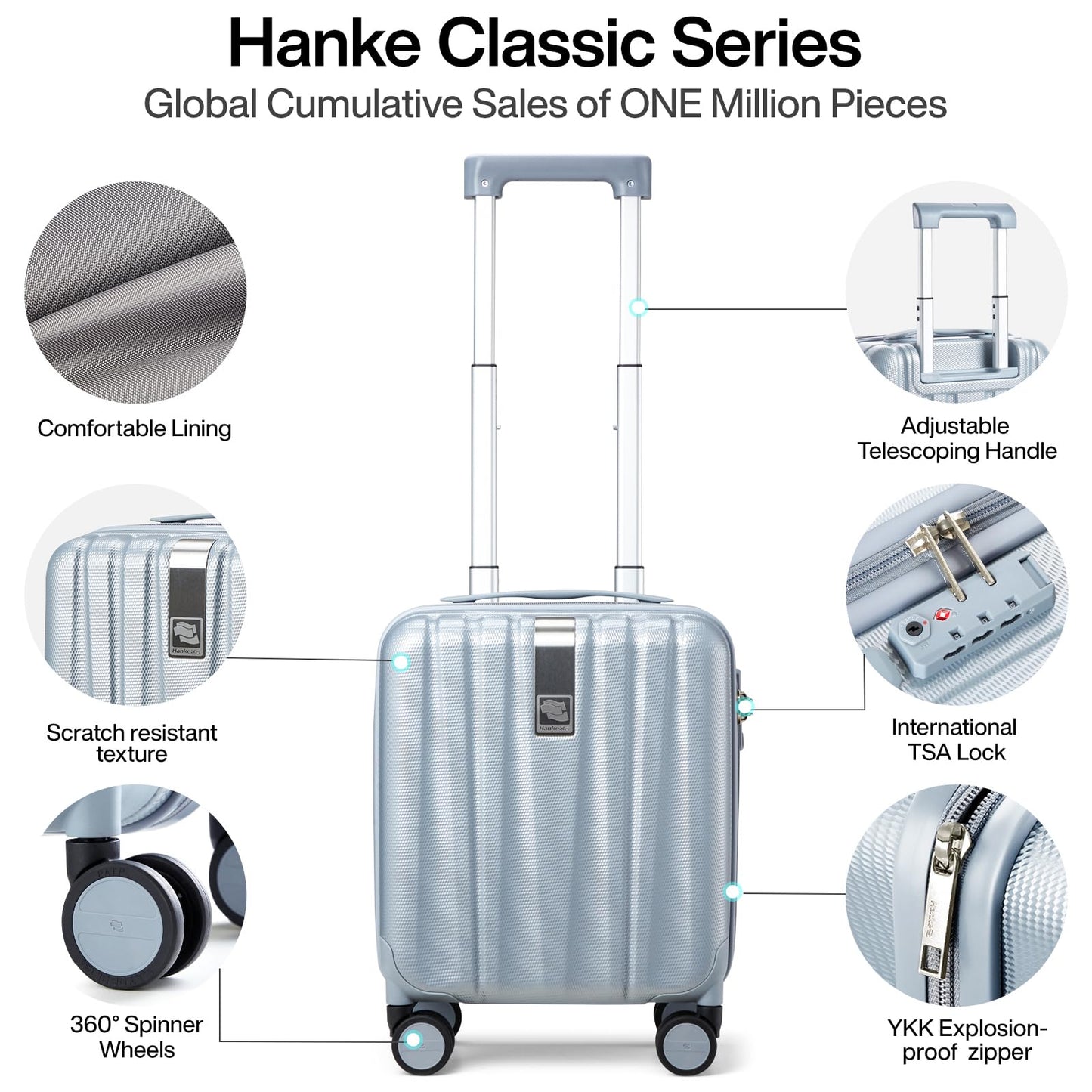 Hanke 14 Inch Underseat Carry On Luggage with Wheels Hard Shell Suitcases Carry On Bag Lightweight Small Mini Suitcase Travel Luggage for Travel（Gray）