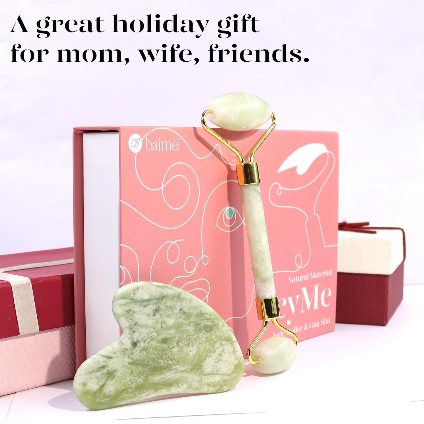 BAIMEI IcyMe Gua Sha & Jade Roller Facial Tools Face Roller and Gua Sha Set for Puffiness and Redness Reducing Skin Care Routine, Self Care Gift for Men Women - Green