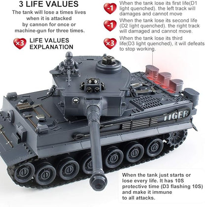 BEAURE Rc Tanks1:28 WW2 German Tiger Army Tank Toys for Boys9 Channels Remote Control Vehicles with Sound and LightRC Military Toys for Kids Boys Girls(Gray)