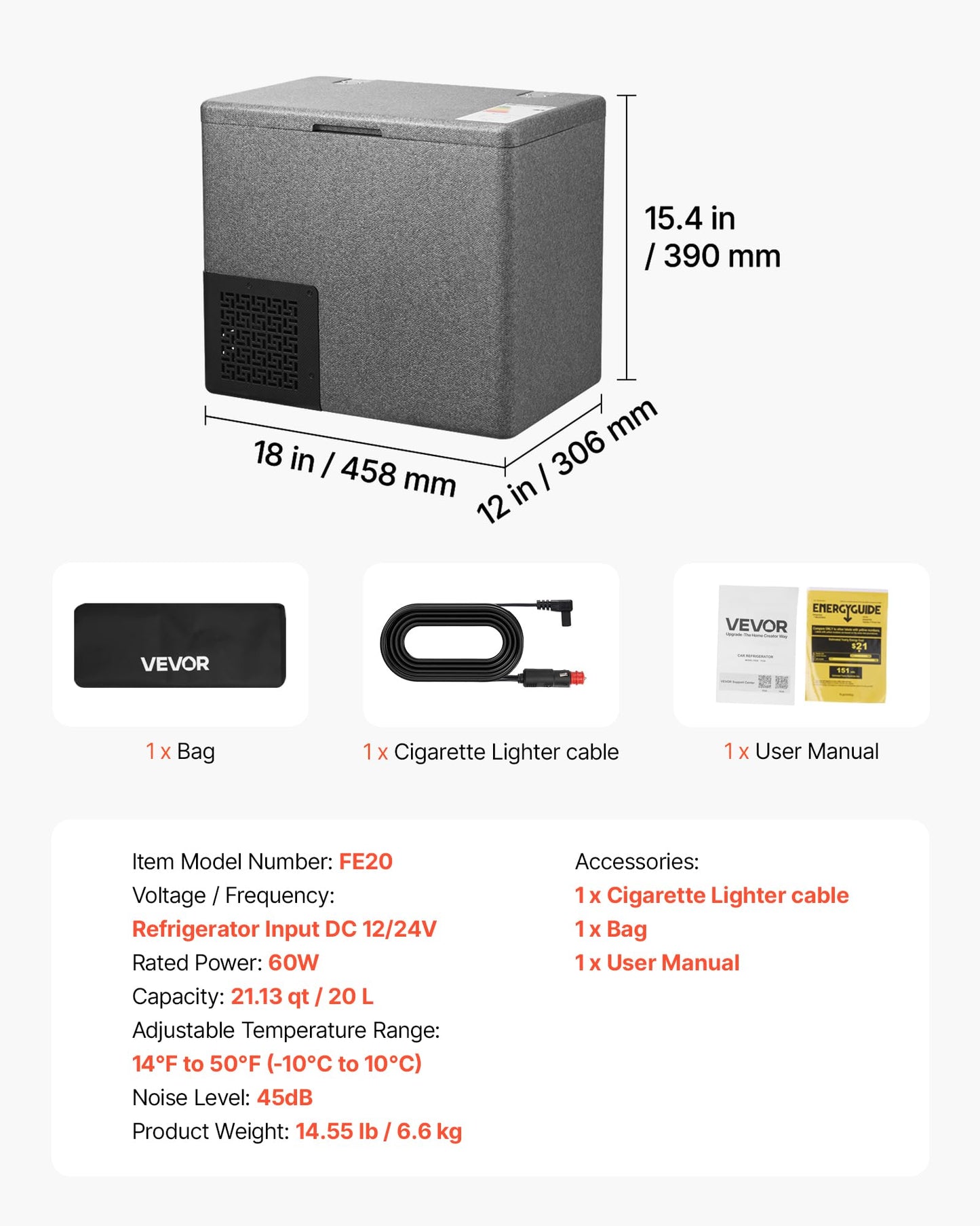 VEVOR 12 Volt Refrigerator, 21.1 QT/ 20L Car Fridge, Portable Ultra-Light EPP Freezer, APP Control Electric Compressor, 12V/24V DC, 14℉ to 50℉, for Truck Van RV SUV Boat Travel Camping