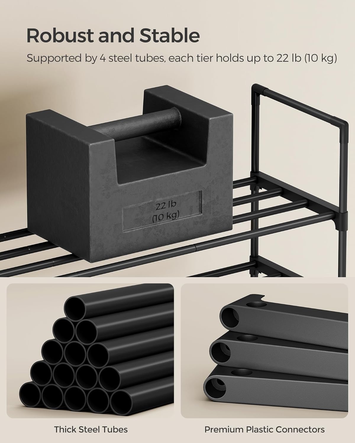 SONGMICS 3-Tier Shoe Rack - Stackable Metal Organizer for 16-20 Pairs | Black, 11.8 x 36.2 x 21.7 Inches
