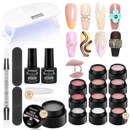 JEWHITENY Poly Extension Gel Nail Kit 14 PCS Poly Gel Kit with Slip Solution and Mini Lamp Nail Art Design Beginner
