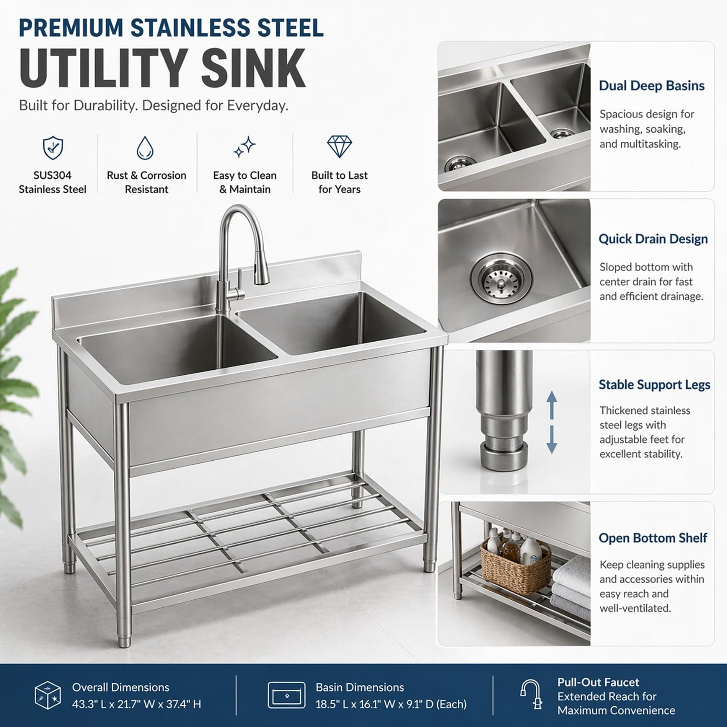 42" x 22" Freestanding Stainless Steel Utility Sink with Pull Down Faucet and Workbench Top, Extra Wide Basin for Laundry Room, Garage, or Workshop