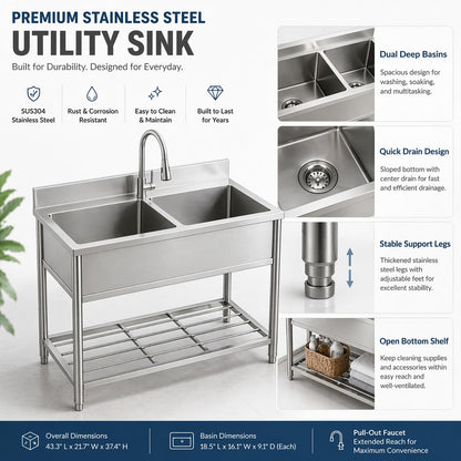42" x 22" Freestanding Stainless Steel Utility Sink with Pull Down Faucet and Workbench Top, Extra Wide Basin for Laundry Room, Garage, or Workshop
