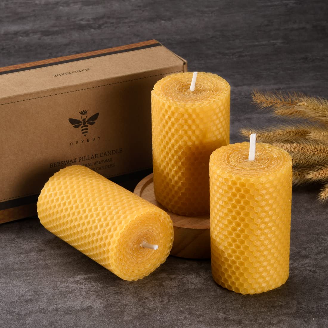 DEYBBY Beeswax Rolled Pillar Candles Set of 3 - Handmade Pure Organic Beeswax Candles for Housewarming Gift Home Decor (2×3.3 in)