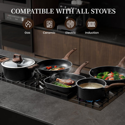 Kikcoin 16Pcs Ceramic Pots and Pans Set Non Stick, Includes a 9.5" Grill Pan, Induction Kitchen Cookware Sets, Black Nonstick RV Kitchen Camping Cooking Sets Stackable (PTFE, PFOS, PFOA Free)