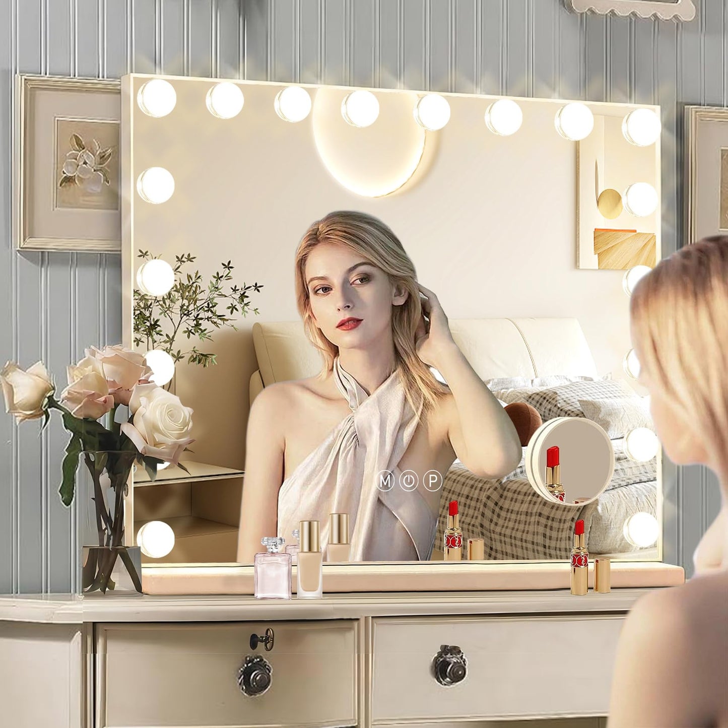 Ratsamee Hollywood Vanity Mirror with Lights, 18 Dimmable Bulbs, 3 Color Lights,Make Up Lighted Mirror, Aluminum Metal Frame, USB Charging Port（32" x 24"）