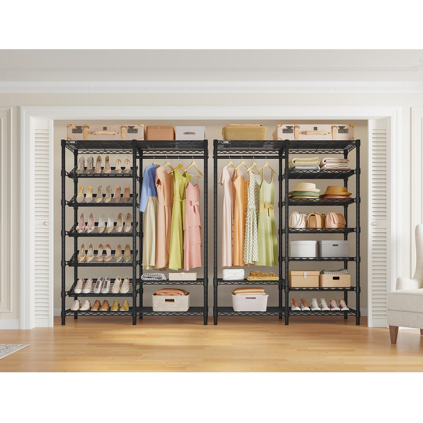 VIPEK S20 Clothes Rack with Heavy Duty Shoe Shelves (25° tilt angle), 850lbs Freestanding Metal Clothing Rack with 10-Tiers Shelves, Adjustable and Removable, Space Saving Closet Organizer, Black