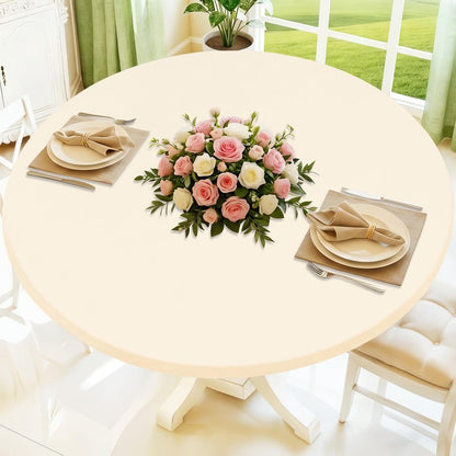 Moosfor Round Spandex Tablecloth, Elastic Fitted Waterproof Tablecloths for 45"-56" Tables, Stretch Washable Picnic Table Cover for Camping, Dining, Indoor and Outdoor, Beige