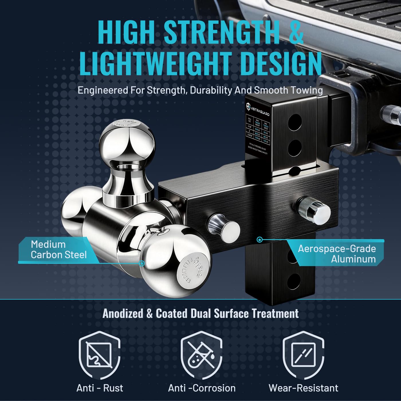 Astraguard Adjustable Trailer Hitch Fit 2 Inch Receiver, Tri-Ball (1-7/8", 2", 2-5/16") Heavy Duty Aluminum Tow Hitches with 6 Inch Rise/Drop for Truck (12500 LBS GTW)-Weatherproof & Anti-Theft
