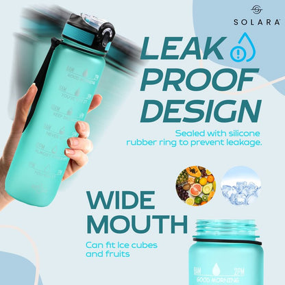 SOLARA Unbreakable 1 Litre Water Bottle with Motivational Time Marker,Sipper Bottle for Adults, Water bottle for Gym Office| Mobile app with Drinking water reminder | Cool Aqua Green