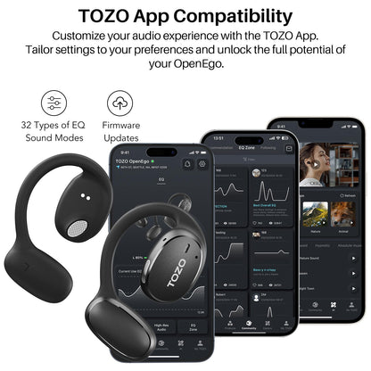 TOZO OpenEgo Open Ear Earbuds Bluetooth Headphones, 5.3 Bluetooth Sport Earbuds with Earhooks for 80Hrs Playtime,32 EQ Modes, Digital Display, Clear Calls, Comfortable Wear for Running, Work, Black