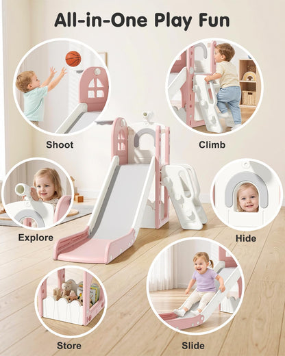 Babytronic Toddler Slide for Kids 1-3, 6-in-1 Toddler Slide Set with Basketball Hoop & Telescope, Indoor Outdoor Toddler Playset, Kids Climber Playset for Small Spaces, Indoor Playground, Pink