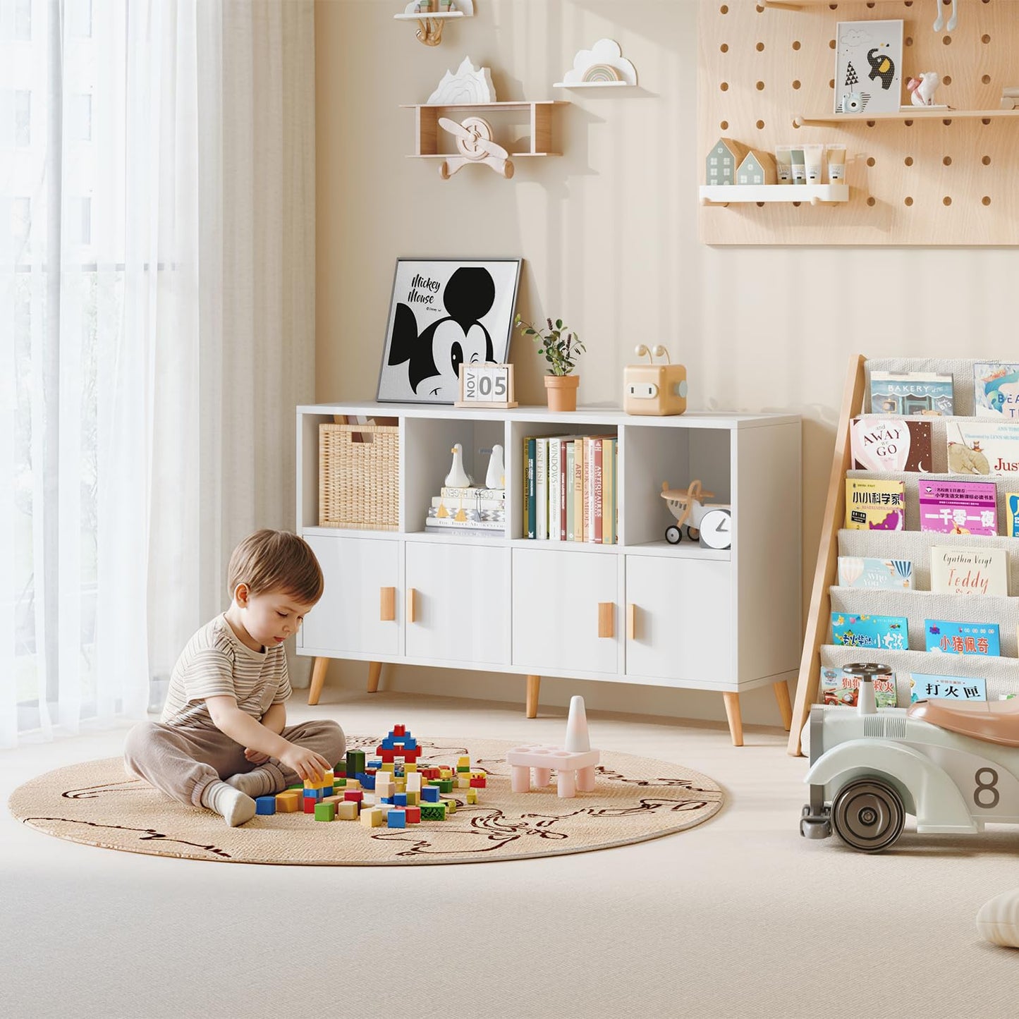 Flrrtenv 8-Cube Storage Organizer with Doors & 5 Solid Wood Legs, Mid-Century Modern Bookshelf with Seamless Top, Horizontal Cubby Toy Storage for Kids, Sideboard Media Console fits 11" Bins, White