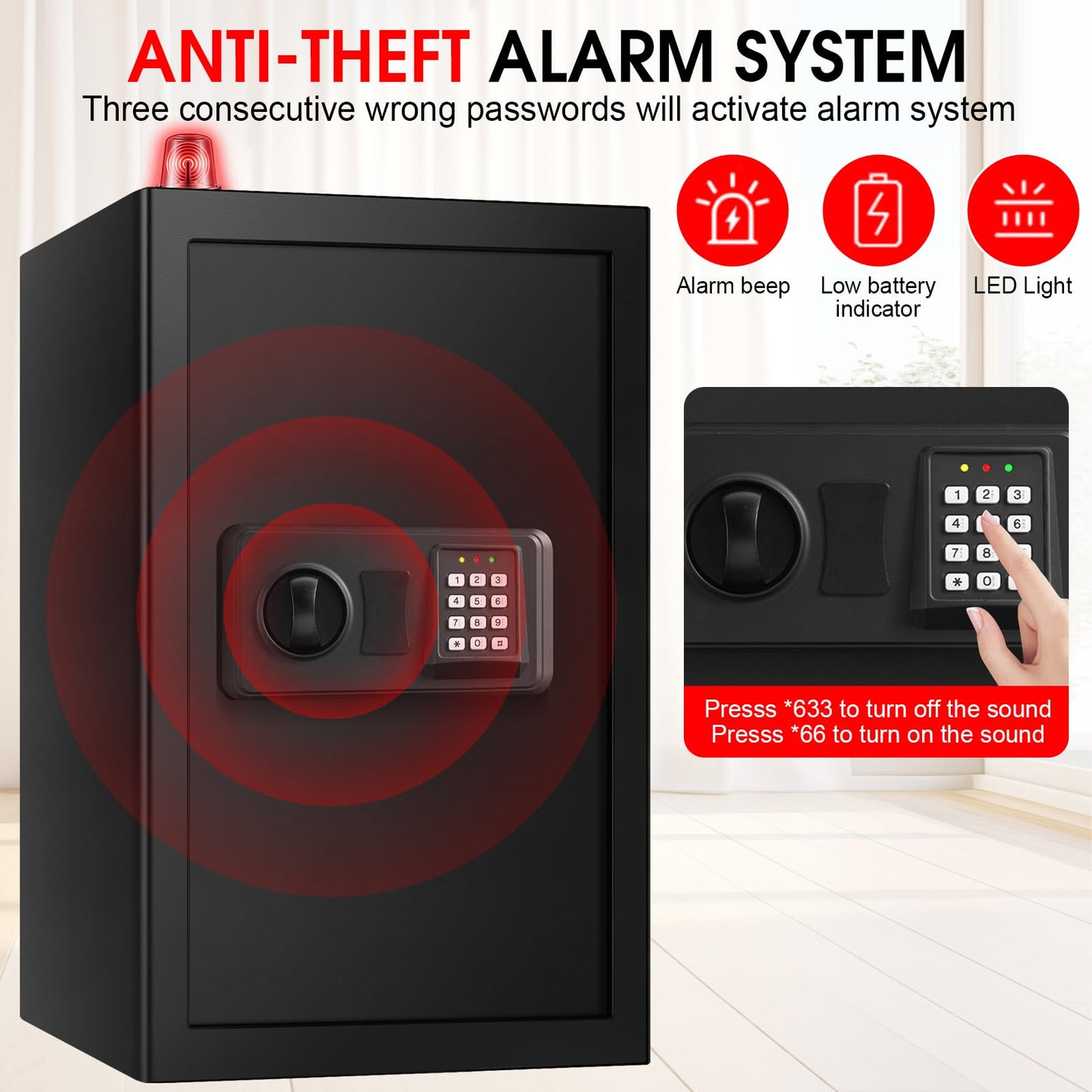 5.1 Cuft Large Home Safes Water and Fireproof with Digital Keypad & Key Lock, Fire Security Safes with 3 Removable Shelves, Anti-Pry Safe Box for Money Documents Jewelry, 23.62"H x14.96"W x 12.2"D